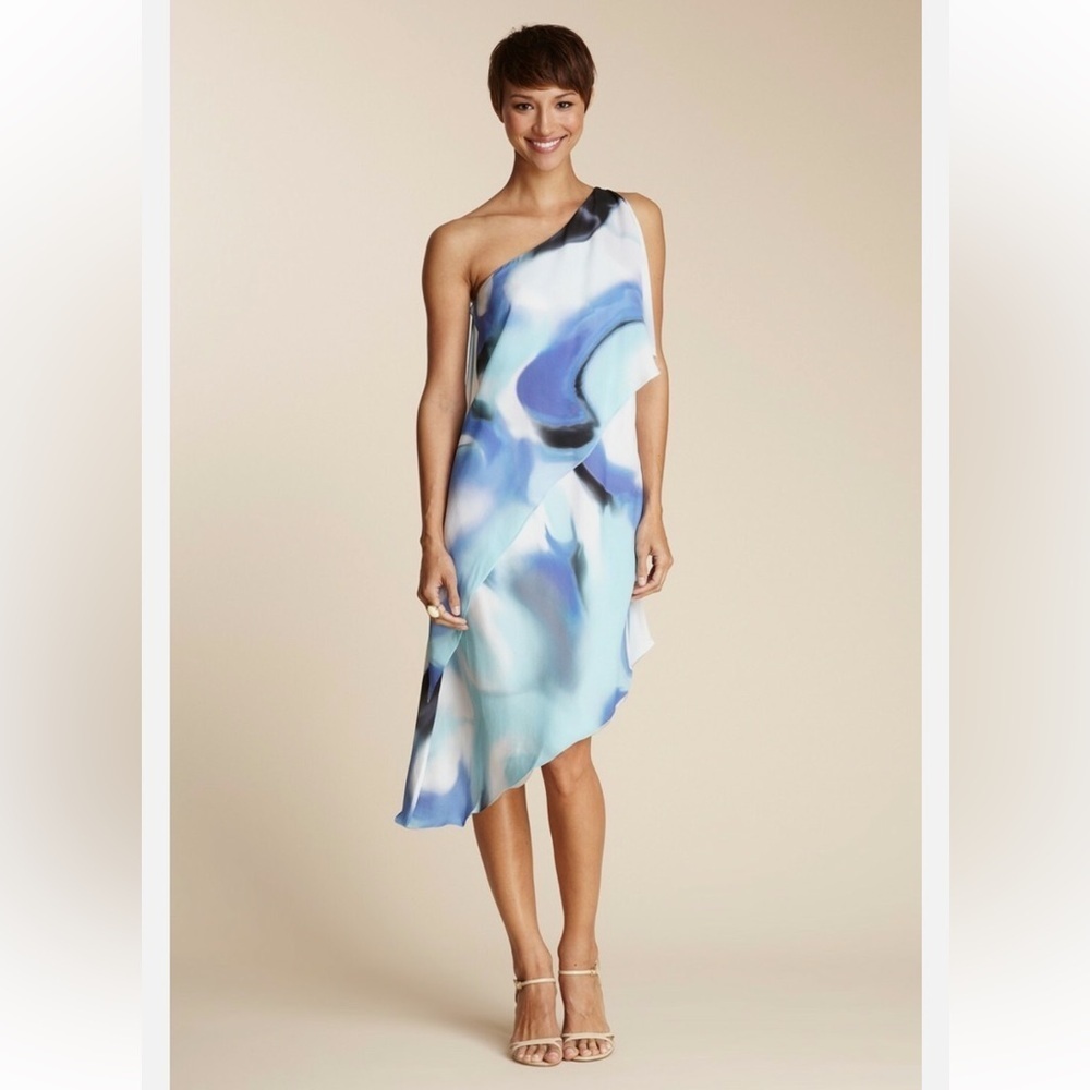 Halston Heritage Galaxy Blue One Shoulder Tiered Asymmetric Silk Dress Size 6